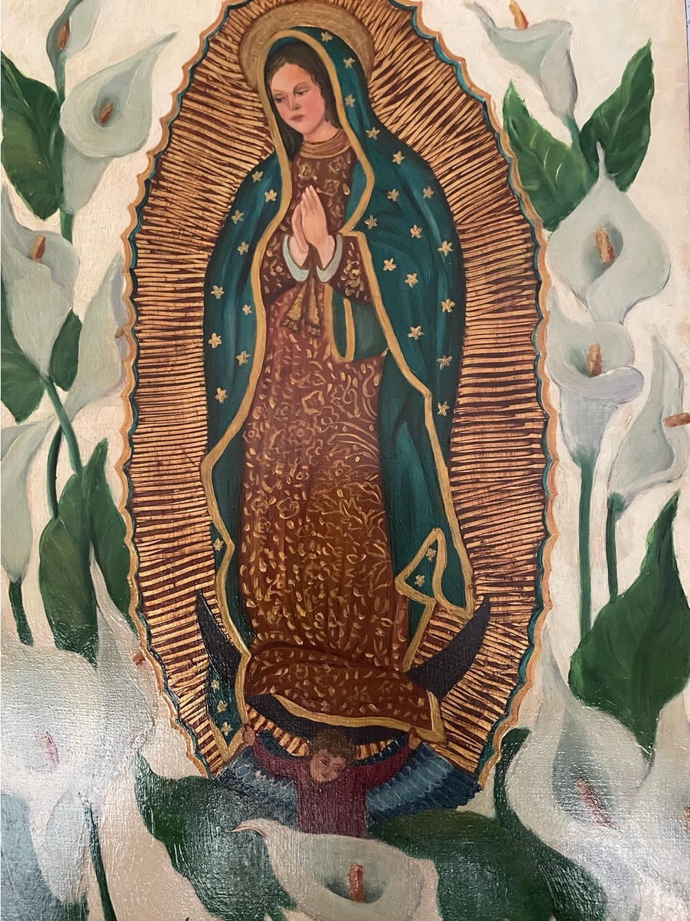 Claudia Garcia-Mexican folk art artist-our lady of Guadalupe-oil on wood-signed